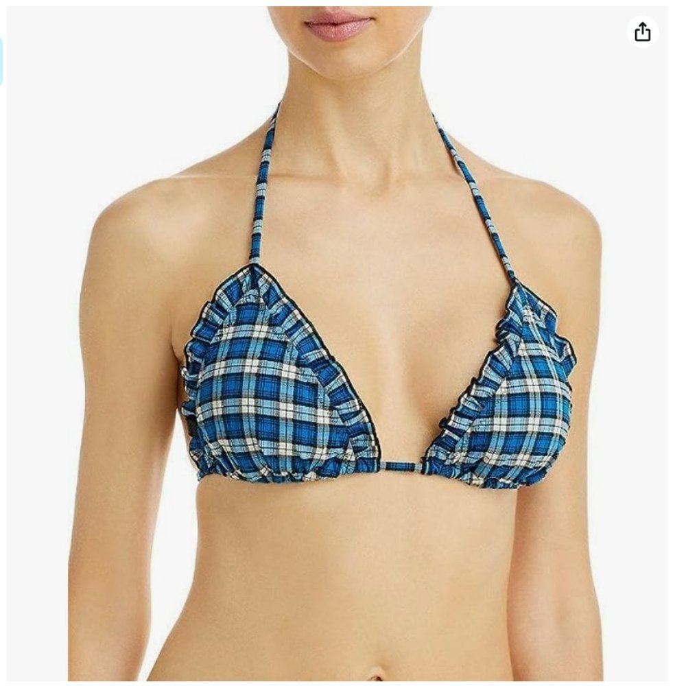 Ganni Women's Recycled Seersucker Frill Triangle Bikini Top sz 38 / 6
